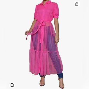 Women’s Pink Button Up Tulle Shirt Dress
